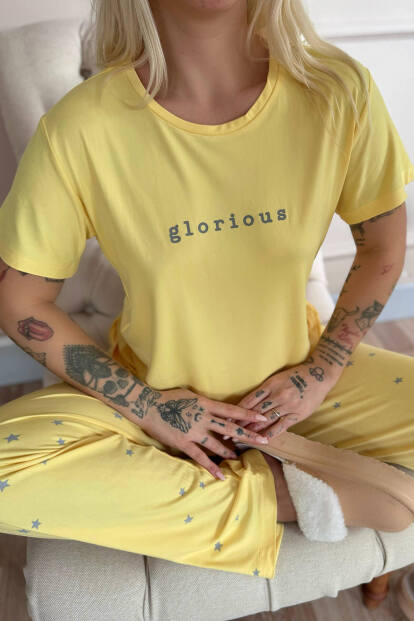 Sarı Glorious Desenli Bambu Kısa Kol Kadın Pijama Takımı - 5