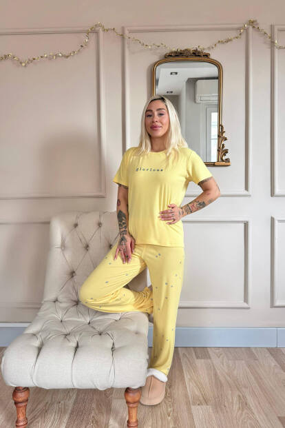 Sarı Glorious Desenli Bambu Kısa Kol Kadın Pijama Takımı - 6