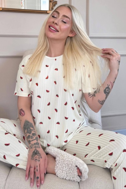 Sarı Karpuz Desenli Kısa Kol Örme Zincir Kadın Pijama Takımı - Pijamaevi