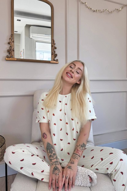 Sarı Karpuz Desenli Kısa Kol Örme Zincir Kadın Pijama Takımı - 3