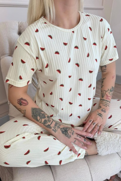 Sarı Karpuz Desenli Kısa Kol Örme Zincir Kadın Pijama Takımı - 5