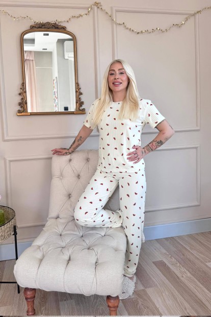 Sarı Karpuz Desenli Kısa Kol Örme Zincir Kadın Pijama Takımı - 6