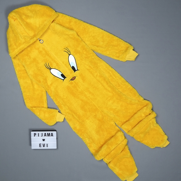 Sarı Kuş Desenli Kadın Polar Peluş Tulum Pijama Takımı - 1