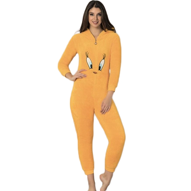 Sarı Kuş Desenli Kadın Polar Peluş Tulum Pijama Takımı - 2