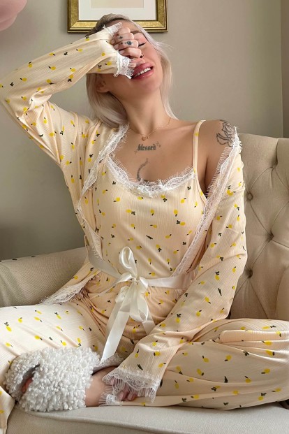 Sarı Limon Desenli Sabahlıklı Pegasus Pijama Takımı - Pijamaevi