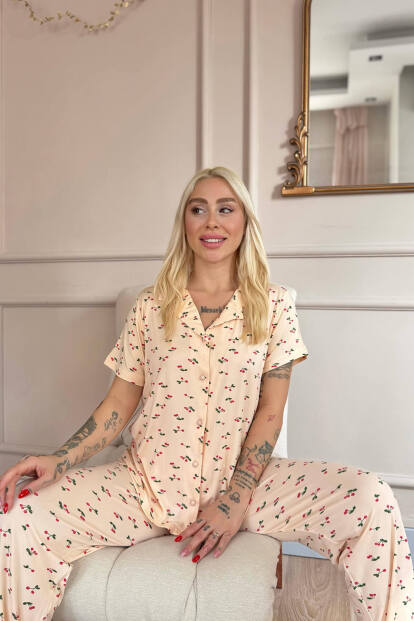 Sarı Royal Cherry Desenli Bambu Önden Düğmeli Kısa Kol Pijama Takımı - 4