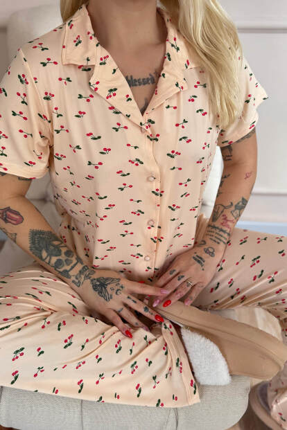 Sarı Royal Cherry Desenli Bambu Önden Düğmeli Kısa Kol Pijama Takımı - 5