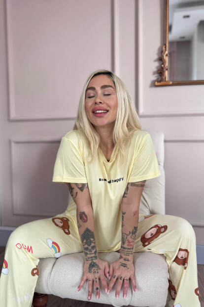 Sarı Sweet Desenli Bambu Kısa Kol Kadın Pijama Takımı - 3