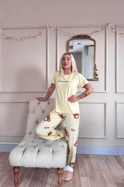 Sarı Sweet Desenli Bambu Kısa Kol Kadın Pijama Takımı - 5