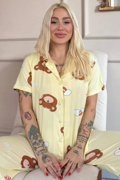 Sarı Teddy Dreams Desenli Bambu Önden Düğmeli Kısa Kol Pijama Takımı - 1