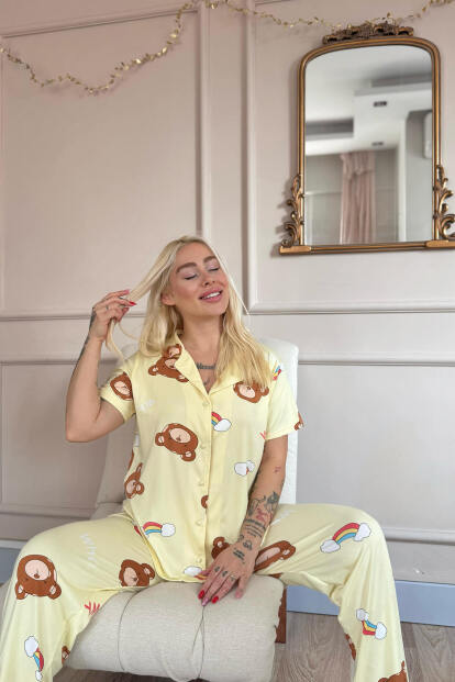 Sarı Teddy Dreams Desenli Bambu Önden Düğmeli Kısa Kol Pijama Takımı - 3