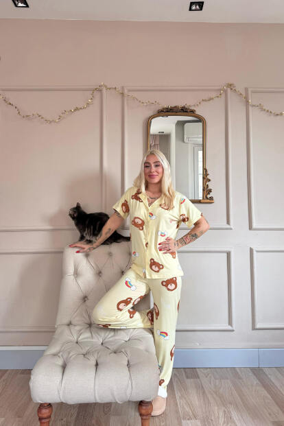Sarı Teddy Dreams Desenli Bambu Önden Düğmeli Kısa Kol Pijama Takımı - 6