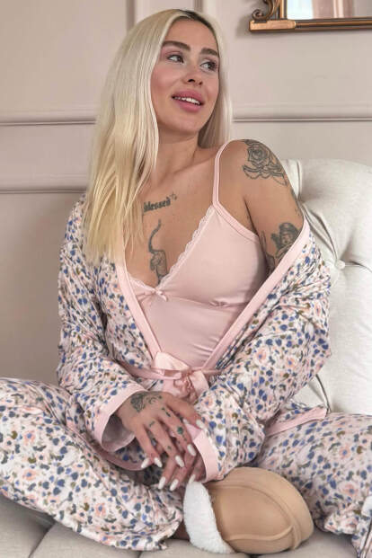 Şeftalı Soft Color Breeze Exclusive Örme Sabahlıklı Kadın Pijama Takım 