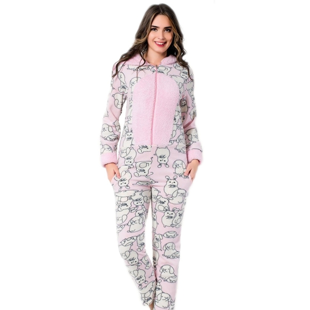 Sevimli Tavşan Desenli Polar Tulum Pijama - 1