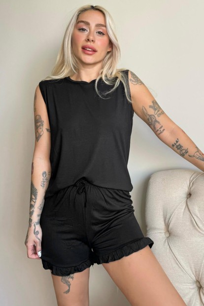 Siyah Basic Kolsuz Askılı Şortlu Kadın Pijama Takımı 