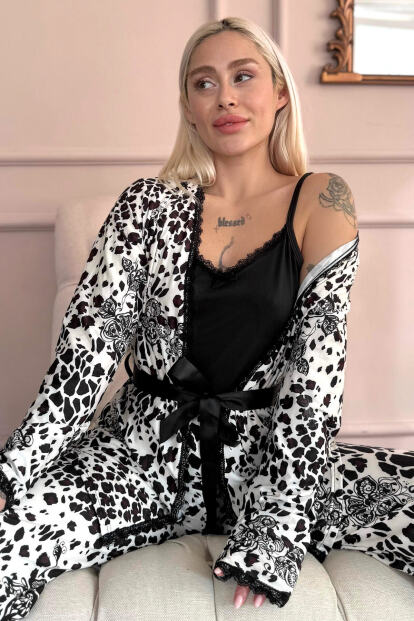 Siyah Beyaz Wild Elegance Exclusive Örme Sabahlıklı Kadın Pijama Takımı - 1