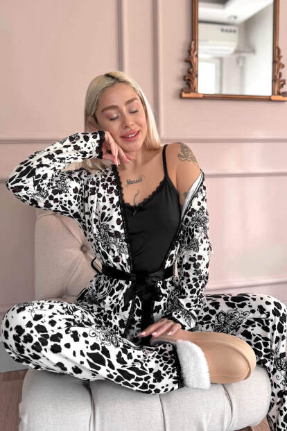 Siyah Beyaz Wild Elegance Exclusive Örme Sabahlıklı Kadın Pijama Takımı - 3