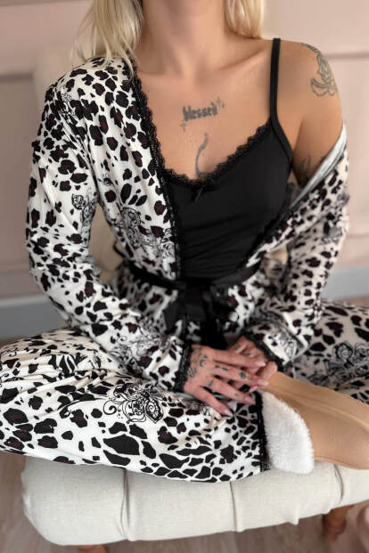 Siyah Beyaz Wild Elegance Exclusive Örme Sabahlıklı Kadın Pijama Takımı - 5