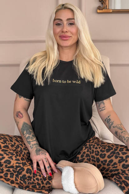 Siyah Born to Be Wild Leopar Desenli Kısa Kollu Örme Kadın Pijama Takımı 