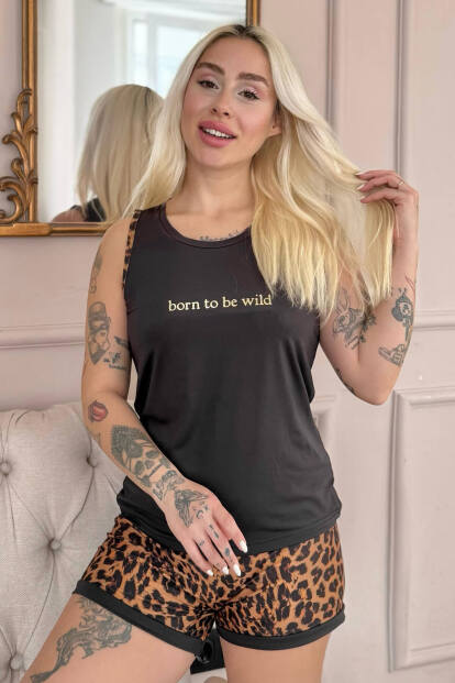 Siyah Born to Be Wild Leopar Desenli Sıfır Kol Şortlu Örme Kadın Pijama Takımı 