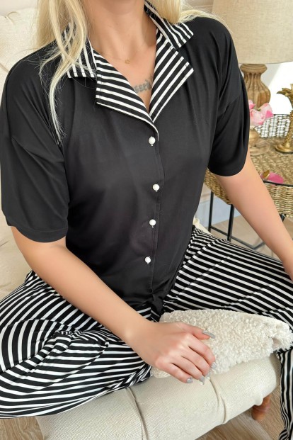 Siyah Çizgi Desenli Bambu Önden Düğmeli Kısa Kol Pijama Takımı - 4