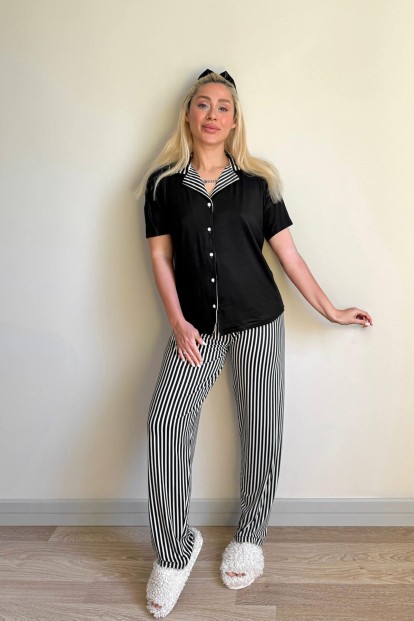 Siyah Çizgi Desenli Bambu Önden Düğmeli Kısa Kol Pijama Takımı - 5