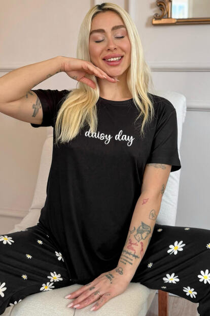 Siyah Daisy Desenli Bambu Kısa Kol Kadın Pijama Takımı - 1