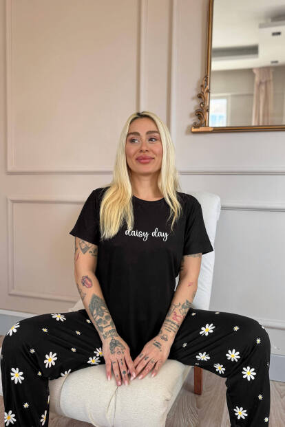 Siyah Daisy Desenli Bambu Kısa Kol Kadın Pijama Takımı - 2