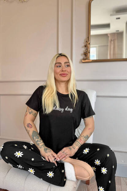 Siyah Daisy Desenli Bambu Kısa Kol Kadın Pijama Takımı - 4