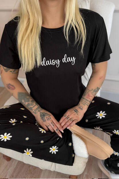 Siyah Daisy Desenli Bambu Kısa Kol Kadın Pijama Takımı - 5