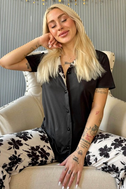 Siyah Florado Exclusive Önden Düğmeli Kısa Kollu Kadın Pijama Takımı - 1
