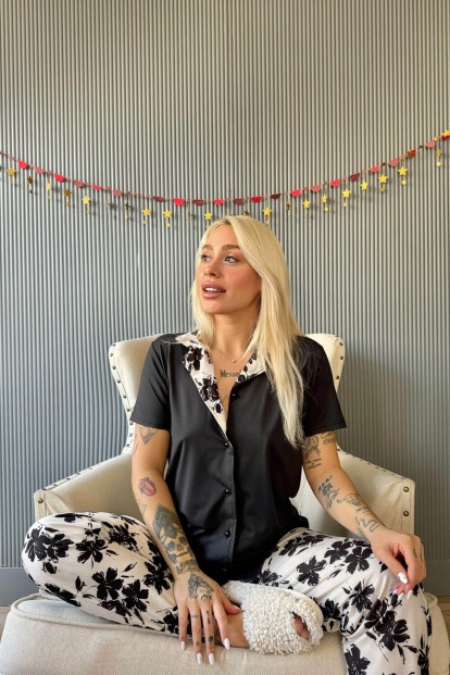 Siyah Florado Exclusive Önden Düğmeli Kısa Kollu Kadın Pijama Takımı - 3