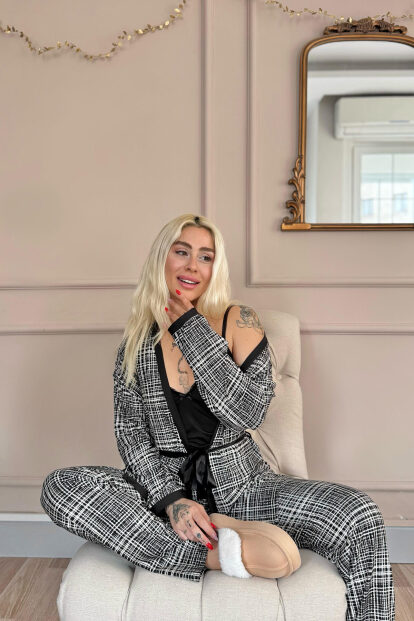 Siyah Grid Exclusive Örme Sabahlıklı Kadın Pijama Takım - 2