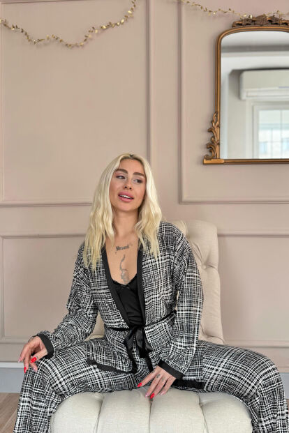 Siyah Grid Exclusive Örme Sabahlıklı Kadın Pijama Takım - 3