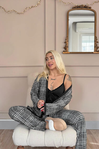 Siyah Grid Exclusive Örme Sabahlıklı Kadın Pijama Takım - 4