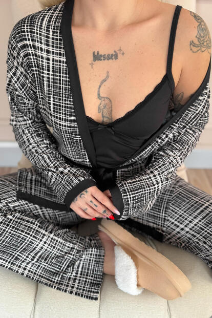 Siyah Grid Exclusive Örme Sabahlıklı Kadın Pijama Takım - 5