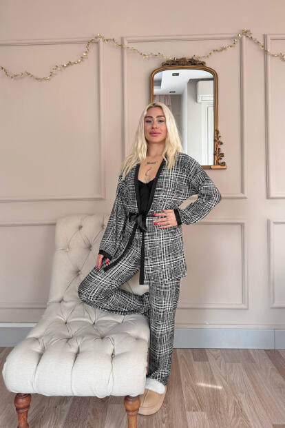 Siyah Grid Exclusive Örme Sabahlıklı Kadın Pijama Takım - 6