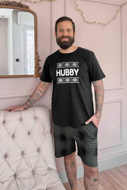 Siyah Hubby Şortlu Sevgili Aile Pijaması - Erkek Takımı - 5