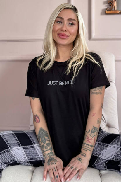 Siyah Just Desenli Bambu Kısa Kol Kadın Pijama Takımı 