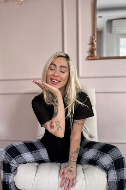 Siyah Just Desenli Bambu Kısa Kol Kadın Pijama Takımı - 2