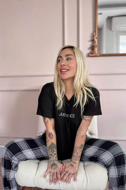 Siyah Just Desenli Bambu Kısa Kol Kadın Pijama Takımı - 3