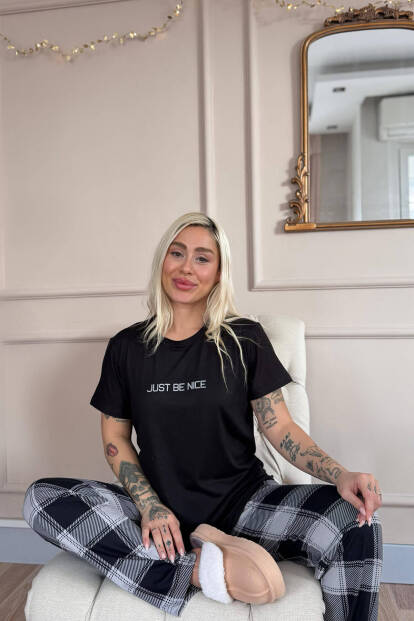 Siyah Just Desenli Bambu Kısa Kol Kadın Pijama Takımı - 5