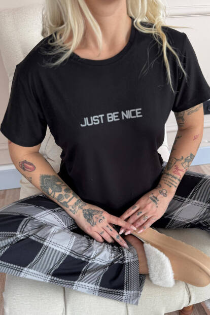 Siyah Just Desenli Bambu Kısa Kol Kadın Pijama Takımı - 6