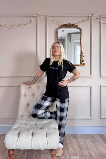 Siyah Just Desenli Bambu Kısa Kol Kadın Pijama Takımı - 7