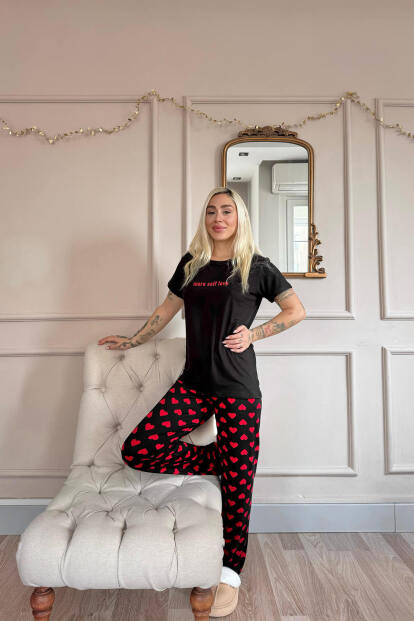 Siyah Kırmızı More Desenli Bambu Kısa Kol Kadın Pijama Takımı - 6