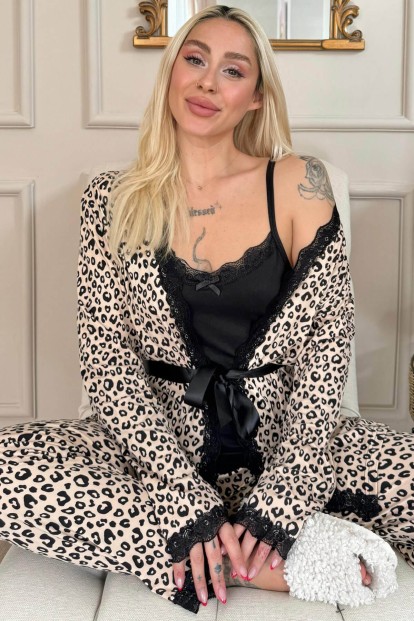 Siyah Leopar Desenli Bambu Sabahlıklı Kadın Pijama Takımı 