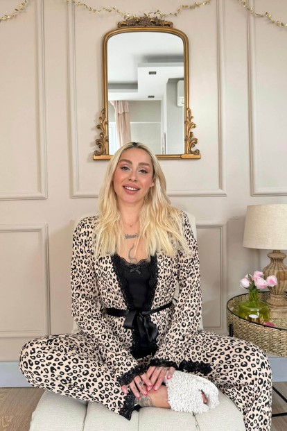 Siyah Leopar Desenli Bambu Sabahlıklı Kadın Pijama Takımı - 3