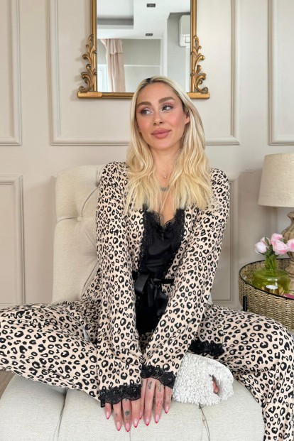 Siyah Leopar Desenli Bambu Sabahlıklı Kadın Pijama Takımı - 4