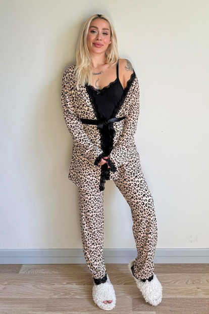 Siyah Leopar Desenli Bambu Sabahlıklı Kadın Pijama Takımı - 6
