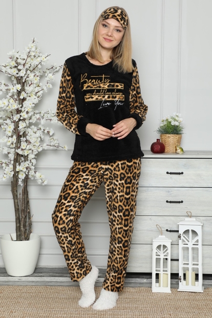 Siyah Leopar Desenli Kadın Peluş Pijama Takımı - 2